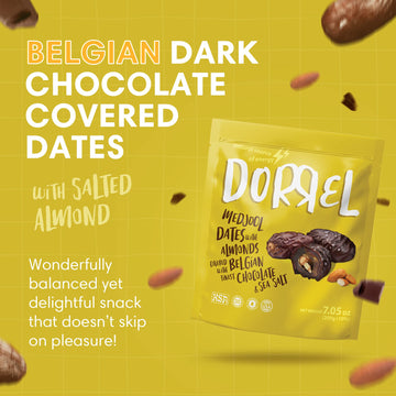 Dorrel Belgian Dark Chocolate Covered Medjool Dates Stuffed With Salted Almonds, Nutritious And Tasty Dark Chocolate Almond With