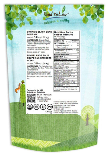 Food To Live Organic Black Bean Soup Mix, 3 Pounds - Contains Non-Gmo Black Beans, Black-Eyed Peas, Pearled Barley, And Navy Bea