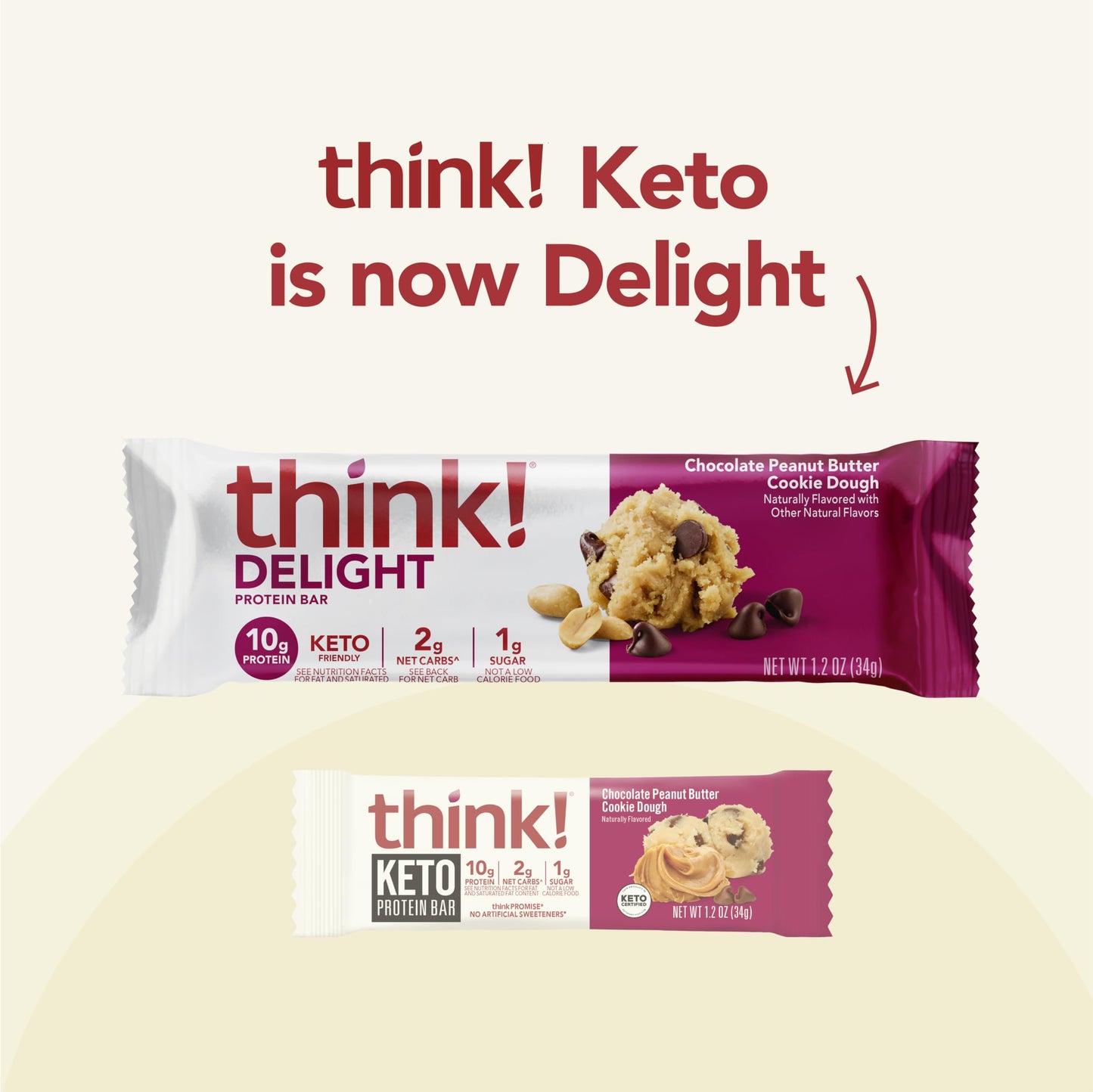think! Delight, Keto Protein Bars, Healthy Low Carb, Gluten Free Snack - Chocolate Peanut Butter Cookie Dough, 10 Count (Packagi