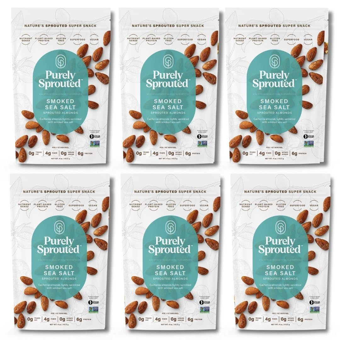 Purely Sprouted Smoked Sea Salt Almonds, Vegan & Gluten-Free, 4 oz Pack of 6