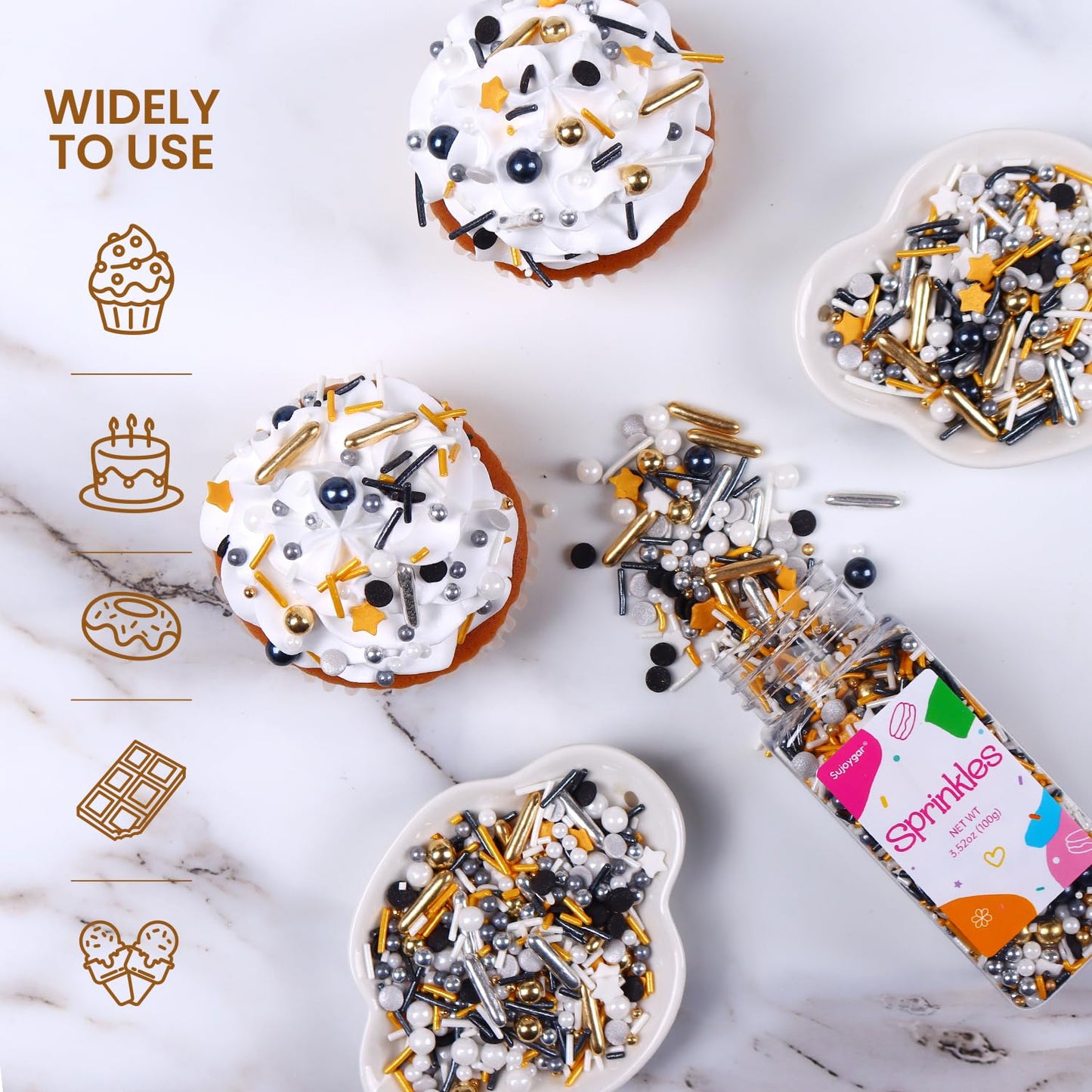 Black Sprinkles For Cake Decorating, 3.52Oz Graduation Candy Sprinkles, Metallic Gold And Silver Sprinkles, Cupcake Sprinkles, B