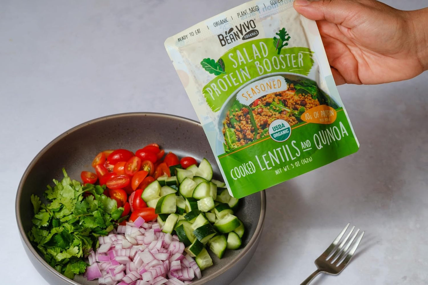 Beanvivo 6-Pack Salad Protein Booster - Organic Lentils & Quinoa, Fully Cooked And Seasoned, Delivering A Burst Of Taste And 10G