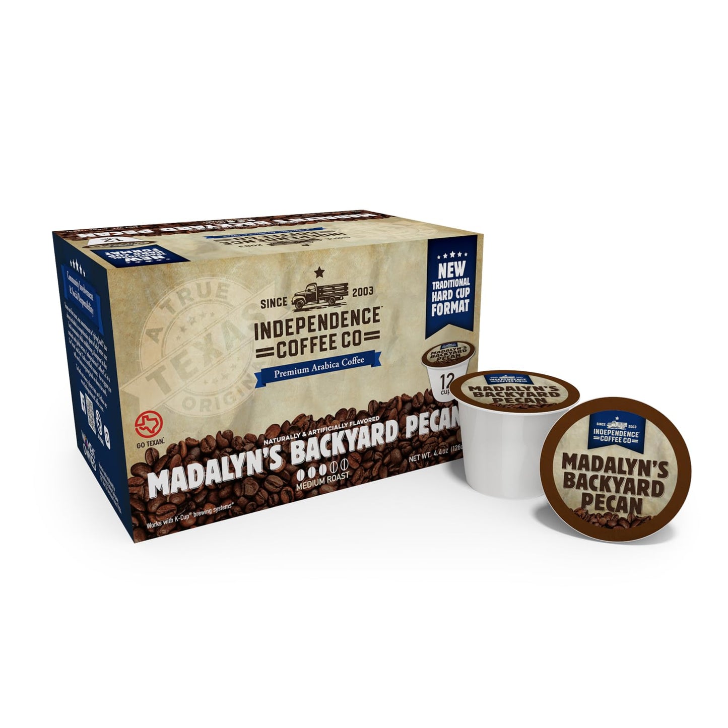 Independence Coffee Co. K Cup Pods, Madalyns Backyard Pecan Flavored, Light Roast, 12 Count