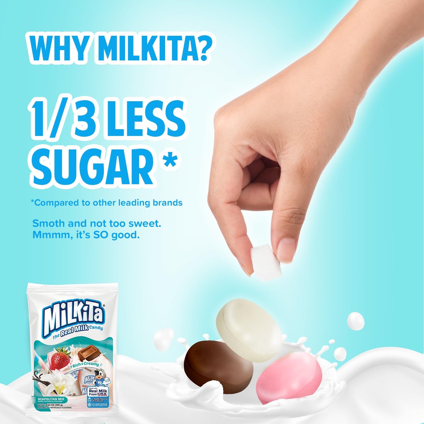 Milkita Creamy Shake Candy Bag, Gluten Free Chewy Candies With Calcium & Real Milk, Zero Trans Fat, Low-Sugar, Neapolitan Flavors (Vanilla, Strawberry, Chocolate), 30 Pcs