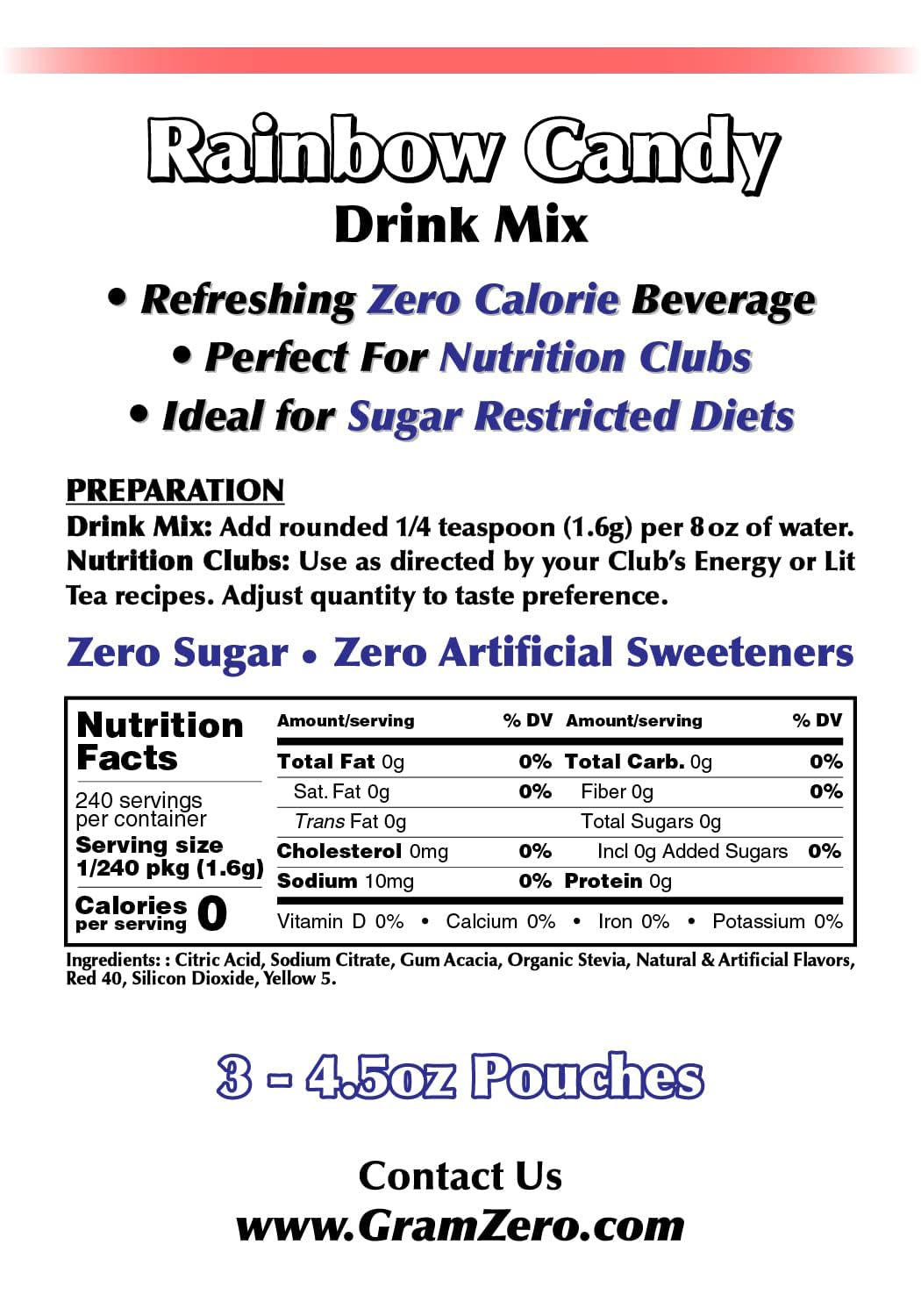 GramZero Rainbow Candy Zero Calorie Drink Mix, Stevia Sweetened, 13.5 Ounce - Sugar Free for Nutrition Club Loaded Teas