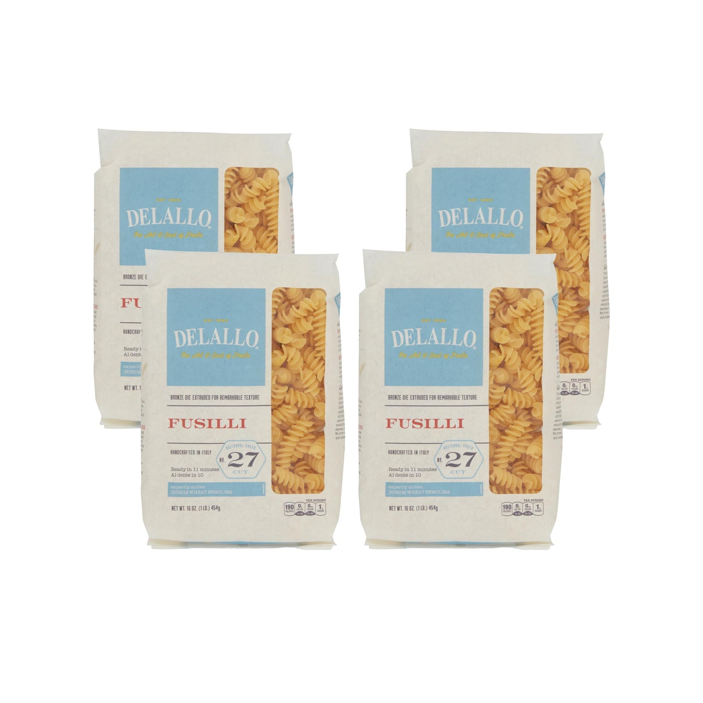 DeLallo Fusilli Pasta, 1 Pound Bag, 4 Pack, Twisted Shape, Corkscrew Pasta, Made in Italy, Cooks in 11 Minutes, Made with Durum 