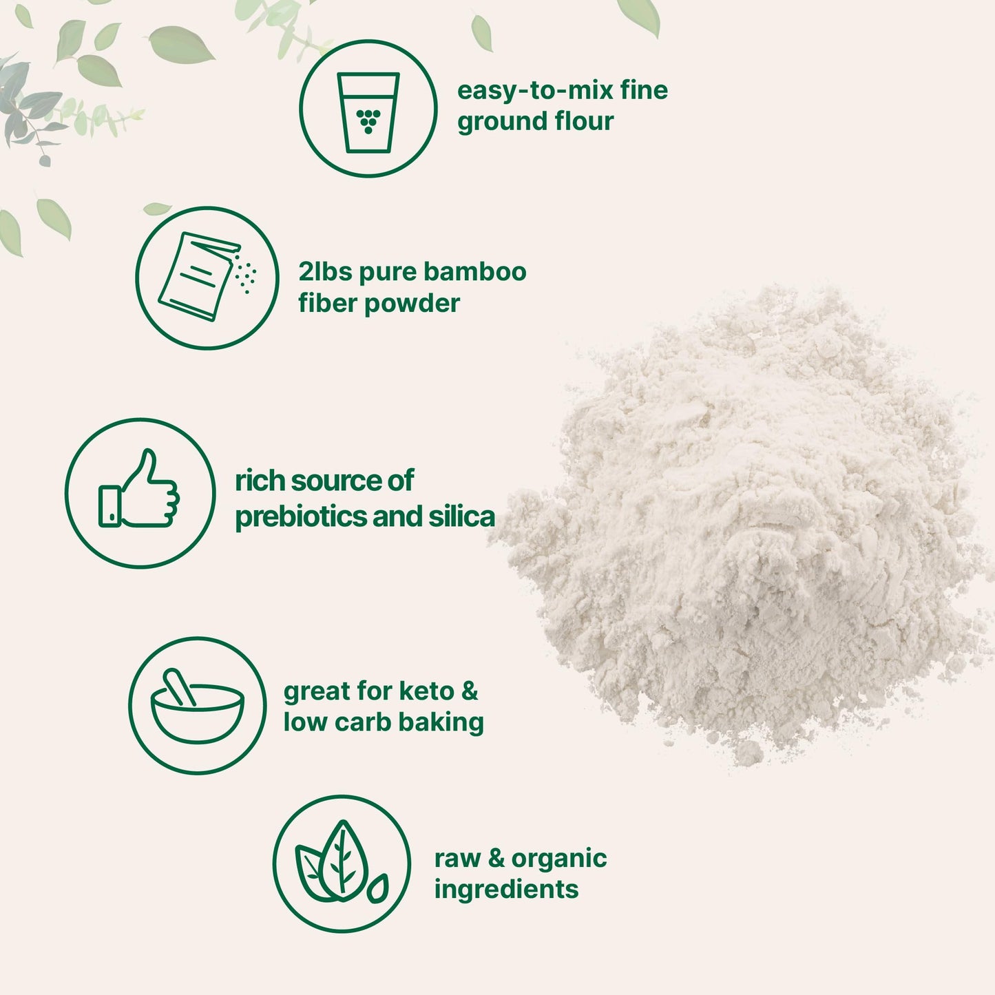 Organic Bamboo Fiber Powder, 2Lbs | Keto Flour For Low-Carb Baking & Cooking | Low Calorie Flour | Rich In Silica, Prebiotics, &