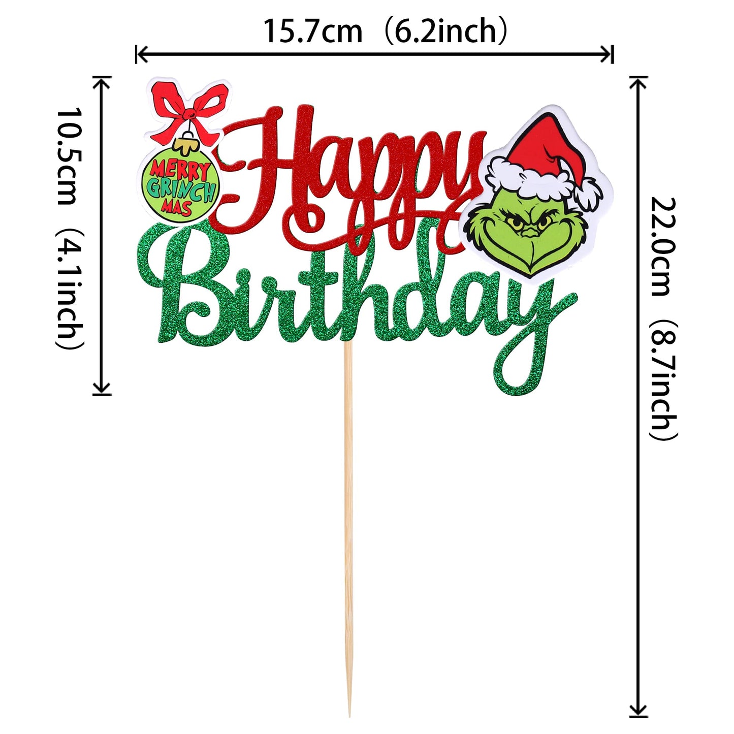 1 Pcs Glitter Grinch Happy Birthday Cake Topper Assembled Merry Christmas Grinch Cake Pick For Christmas Theme Baby Shower Kids