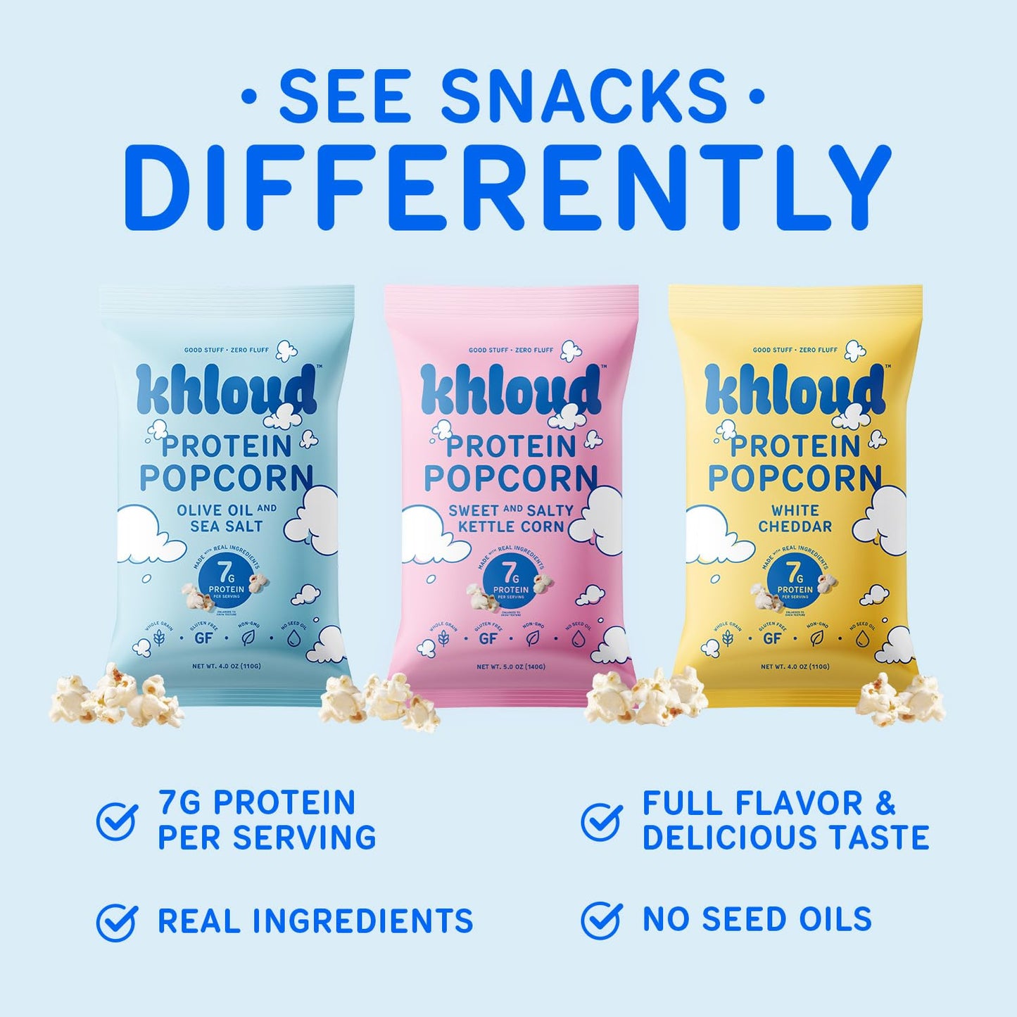 Khloud Protein Popcorn  6 Pack Variety Pack - Protein Popcorn Made with Real Simple Ingredients & 7g Protein - Non-GMO  Gluten Free & Kosher - Healthy Snacks