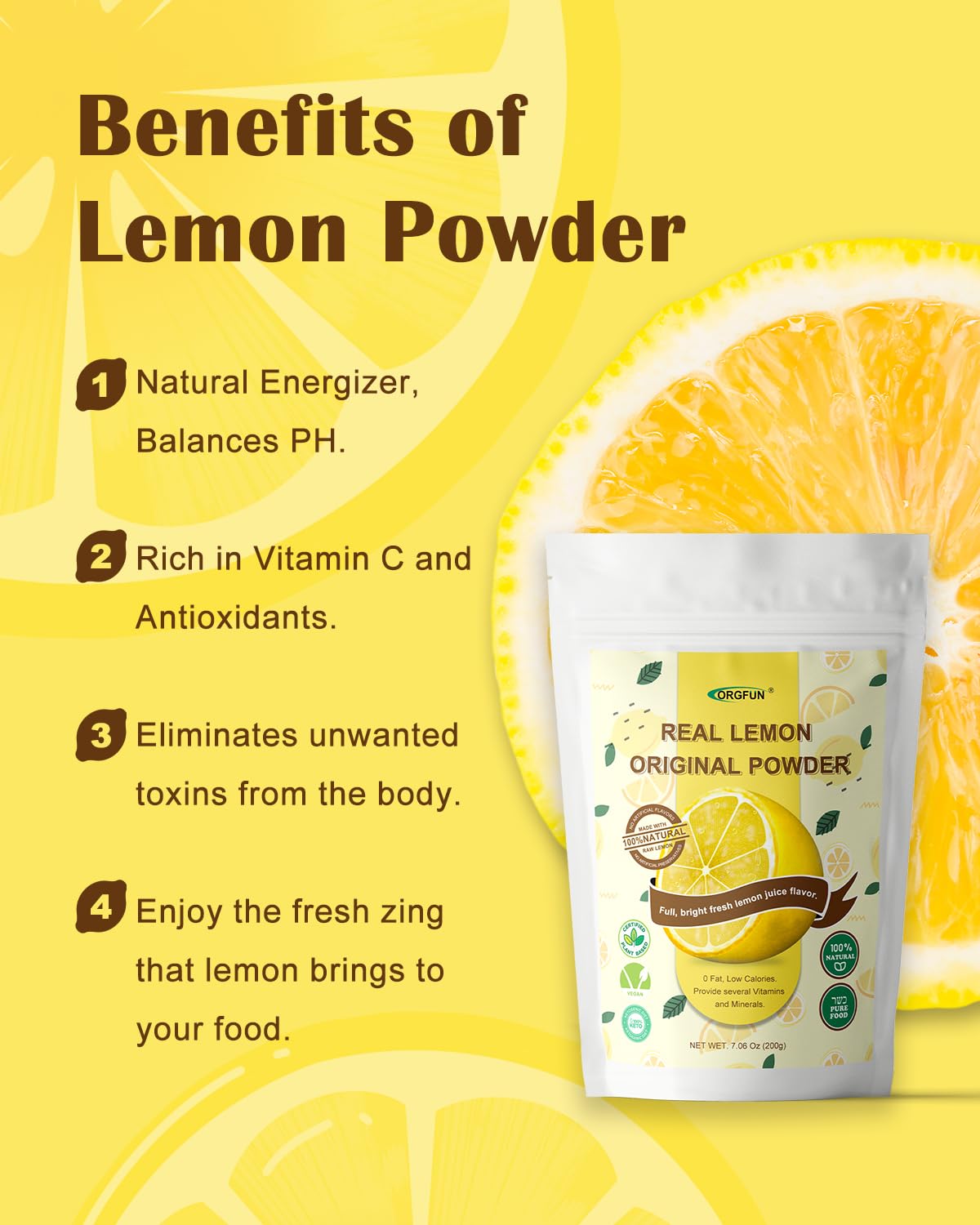 Orgfun Original Lemon Powder Made With Real Lemons, Freeze Dried Juice Powder, Strong Fresh Lemon Flavor Great For Beverages, Sm