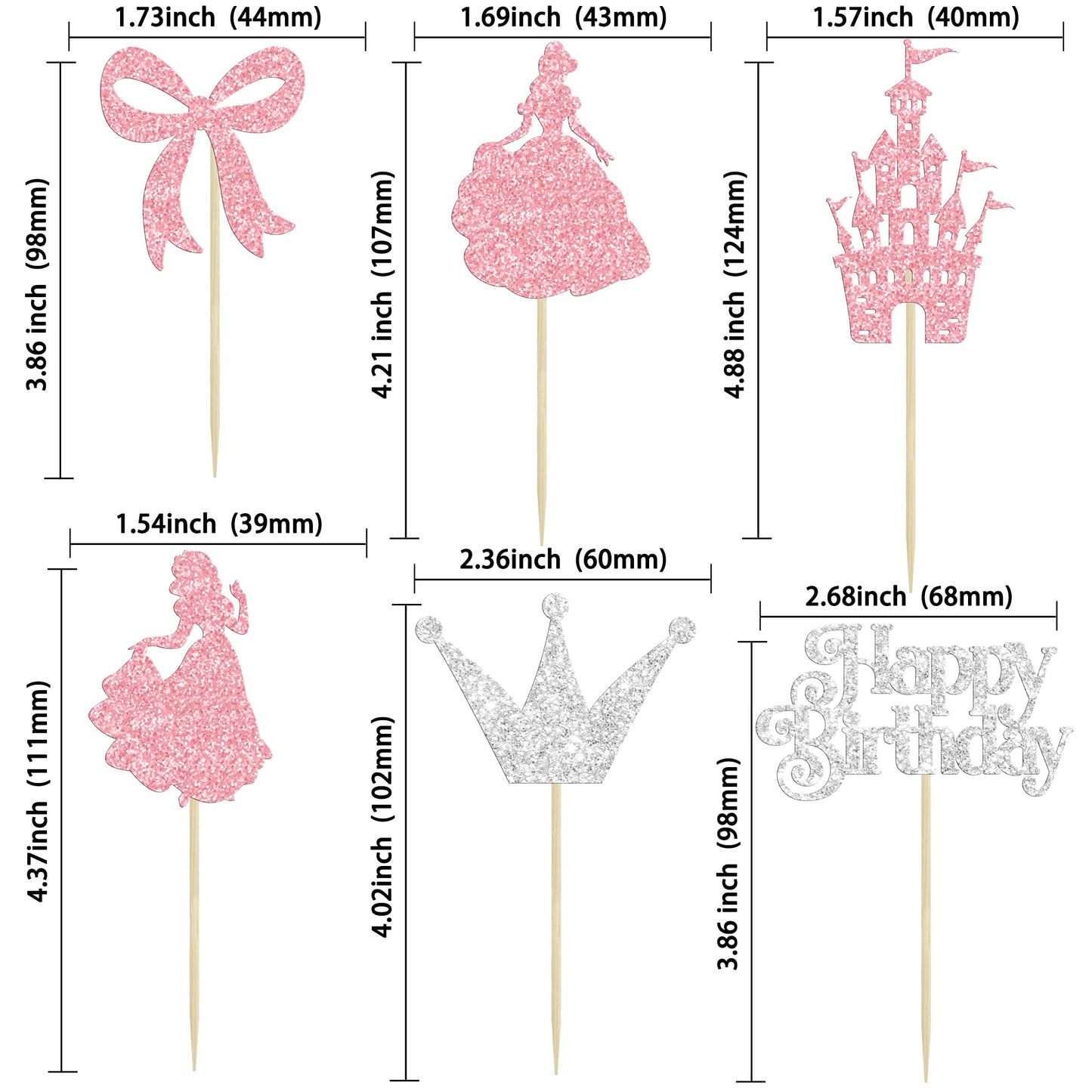 Gyufise Cupcake Toppers, 24Pcs Glitter Castle Bowknot, Paper Decorations for Birthday, Baby Shower, 2.4x3.9, Pink Silver
