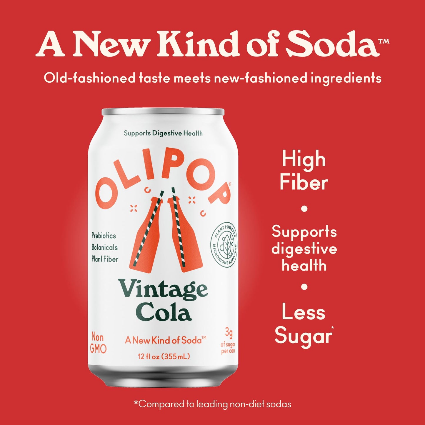 OLIPOP Vintage Cola Prebiotic Soda, 12oz Cans (Pack of 12), Gluten Free, Vegan, Packed with Fiber & Botanicals