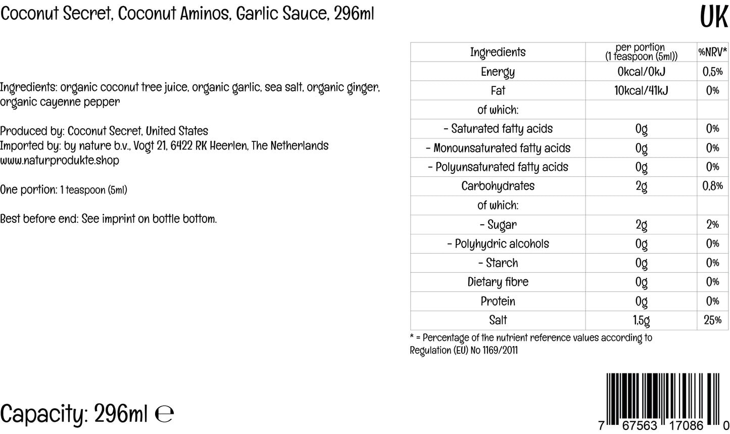 COCONUT SECRET Aminos Garlic Sauce, Low Sodium Soy & Glycemic, Gluten Free, Organic, Vegan, Non-GMO - 60 Total Servings, 10 Fl O