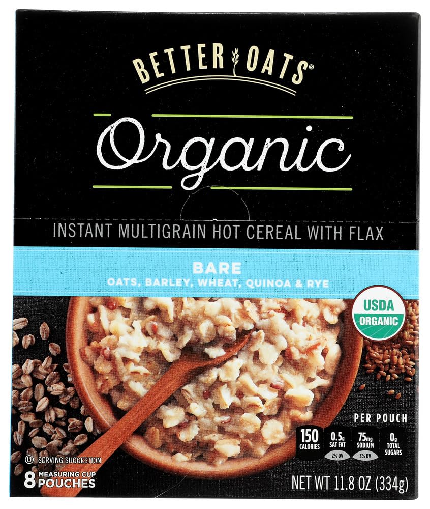 Better Oats Raw Pure & Simple Organic Bare, Instant Multigrain Hot Cereal with Flax, 8 Pouches (Pack of 2)