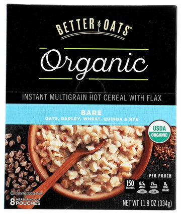 Better Oats Raw Pure & Simple Organic Bare, Instant Multigrain Hot Cereal with Flax, 8 Pouches (Pack of 2)
