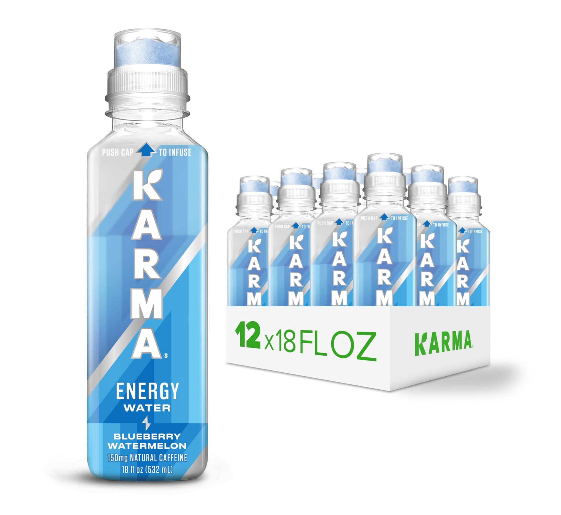 Karma Blueberry Watermelon Energy Water l Caffeinated Natural Energy Drink l Low Calorie Focus and Energy Boost, 18 Fl Oz (Pack 