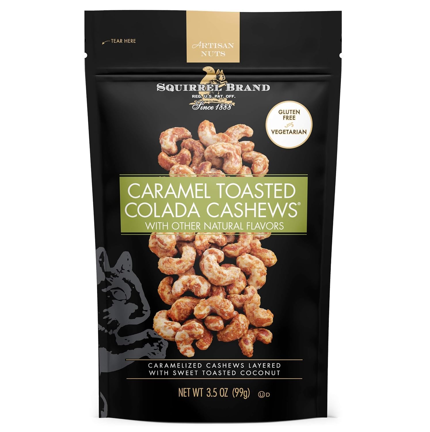SQUIRREL BRAND Caramel Toasted Colada Cashews 3.5 oz with sweet toasted coconut, natural flavors