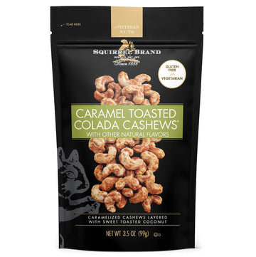 SQUIRREL BRAND Caramel Toasted Colada Cashews 3.5 oz with sweet toasted coconut, natural flavors