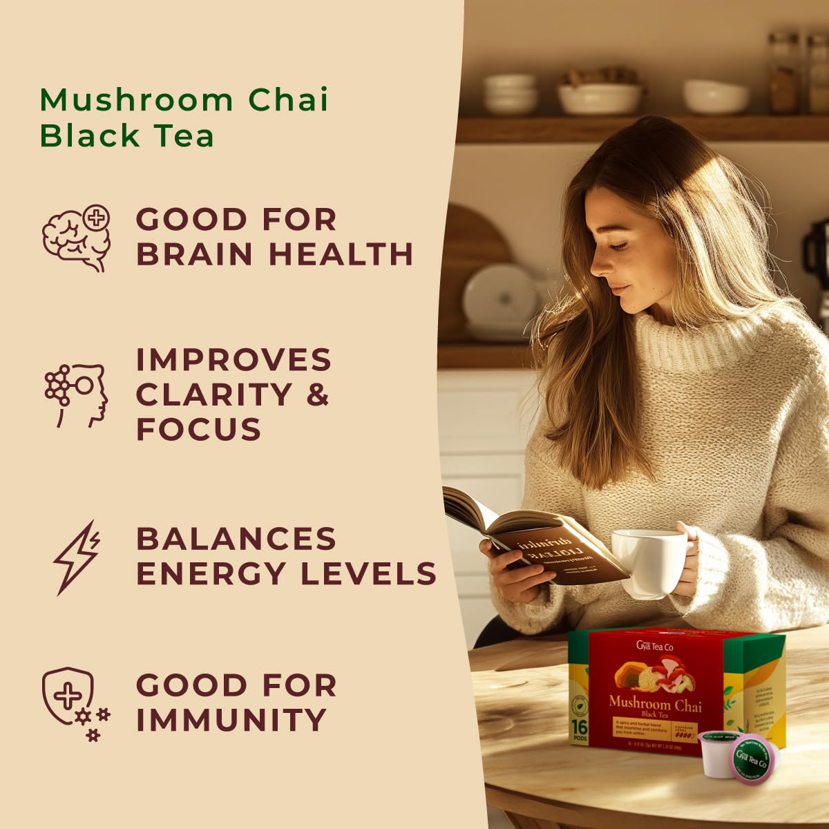 Gya Tea Co Caffeinated Mushroom Chai Black Tea Pod (16 Count) - Smooth, Flavourful, Robust, Enjoy Hot Or Iced