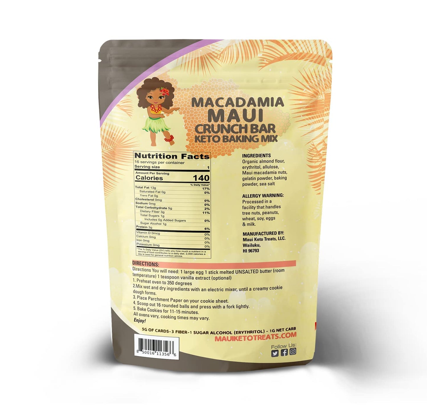 Maui Keto Treats Macadamia Crunch Bar Cookie Mix - Gluten Free Low Carb Made with Organic Almond Flour- 12 Ounce (Chocolate Chip