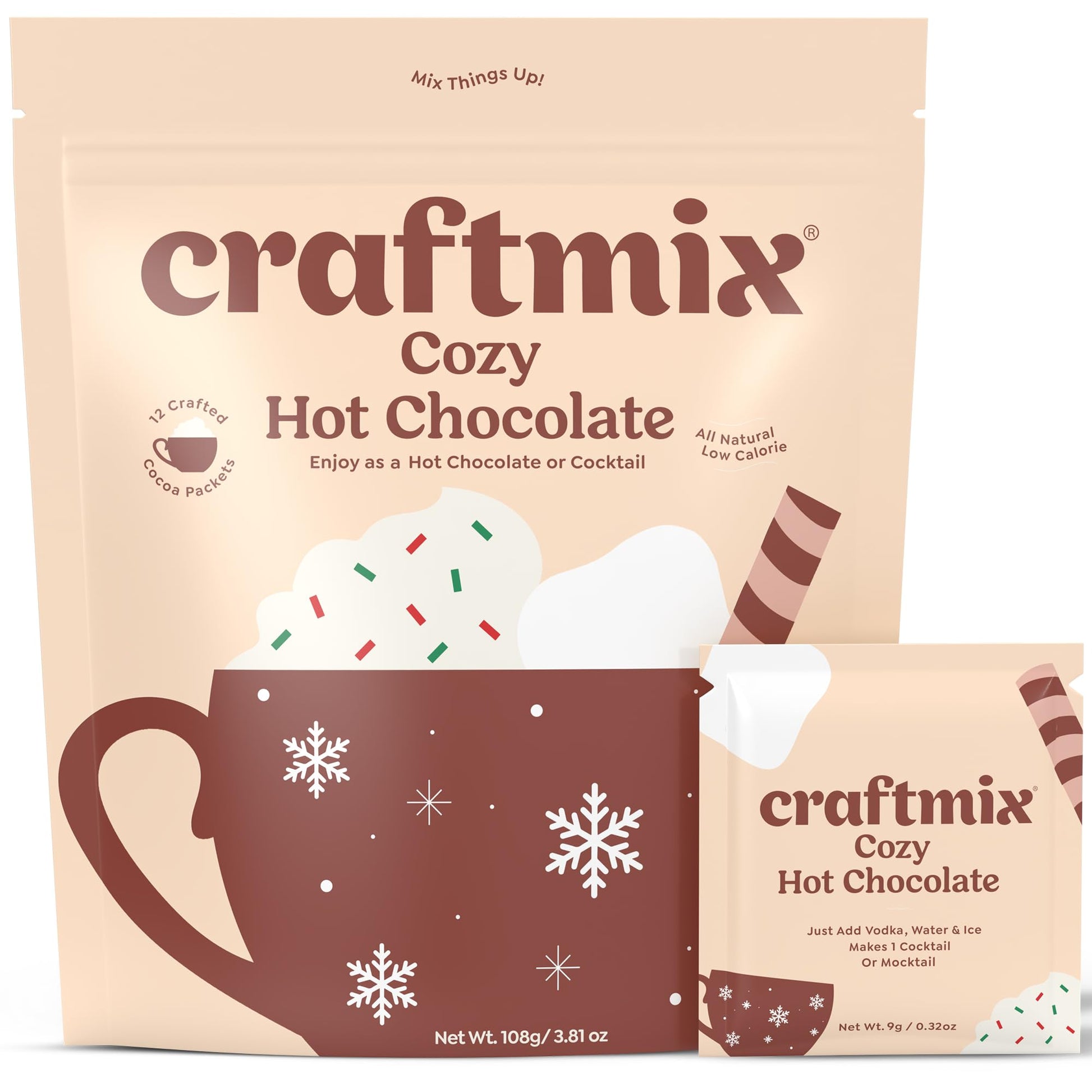 Craftmix Cozy Hot Chocolate Mix - 12 Individual Hot Cocoa Packets - Instant Hot Chocolate Drink - Made with Real Cocoa - Vegan, 
