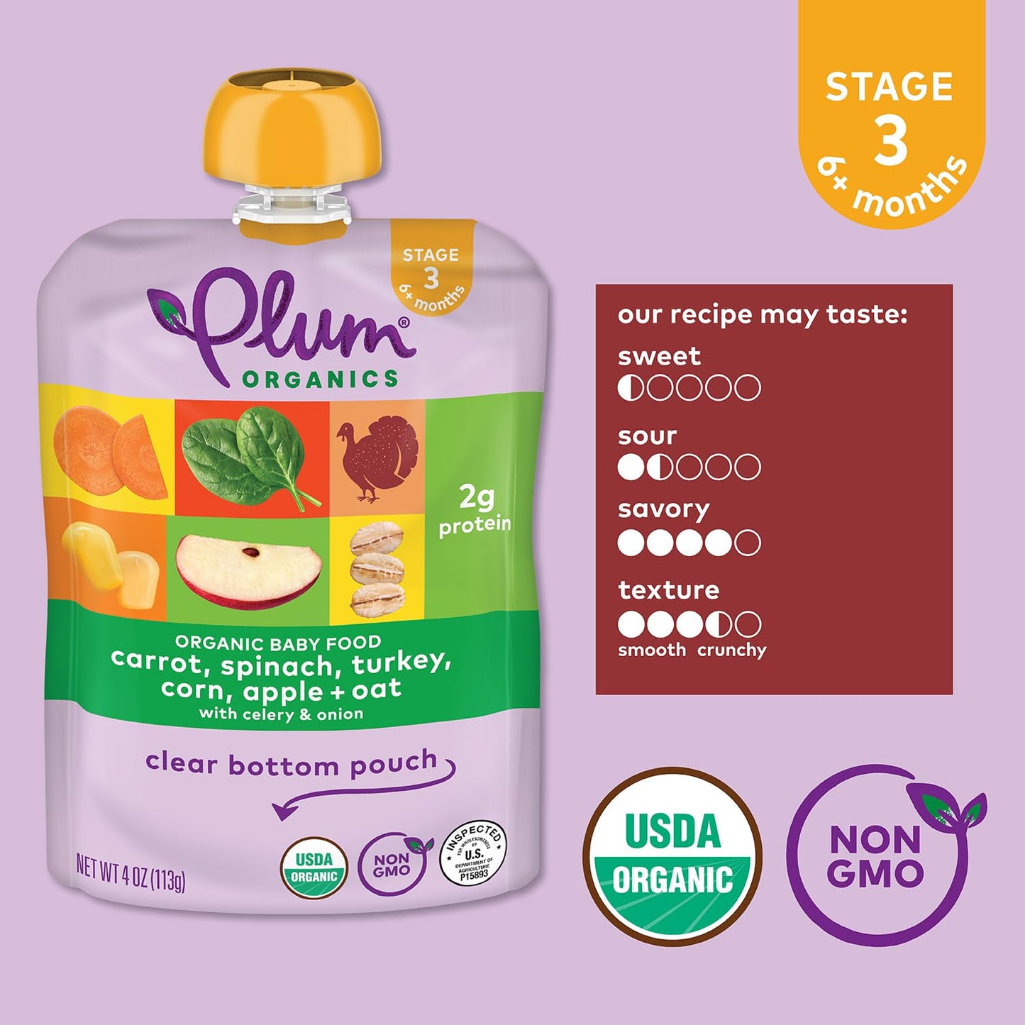 Plum Organics Stage 3 Organic Baby Food - Carrot, Spinach, Turkey, Corn, Apple, And Oat - 4 Oz Pouch (Pack Of 12) - Organic Baby