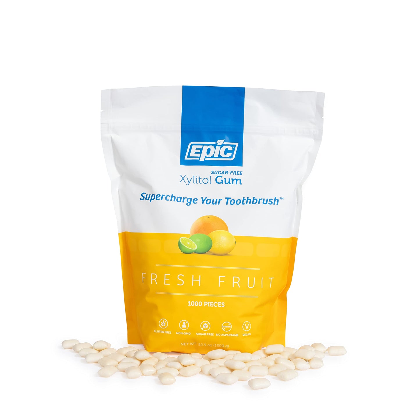 Epic Xylitol Chewing Gum - Sugar Free & Aspartame Free - 1000 Count Bag - Fresh Fruit Flavor