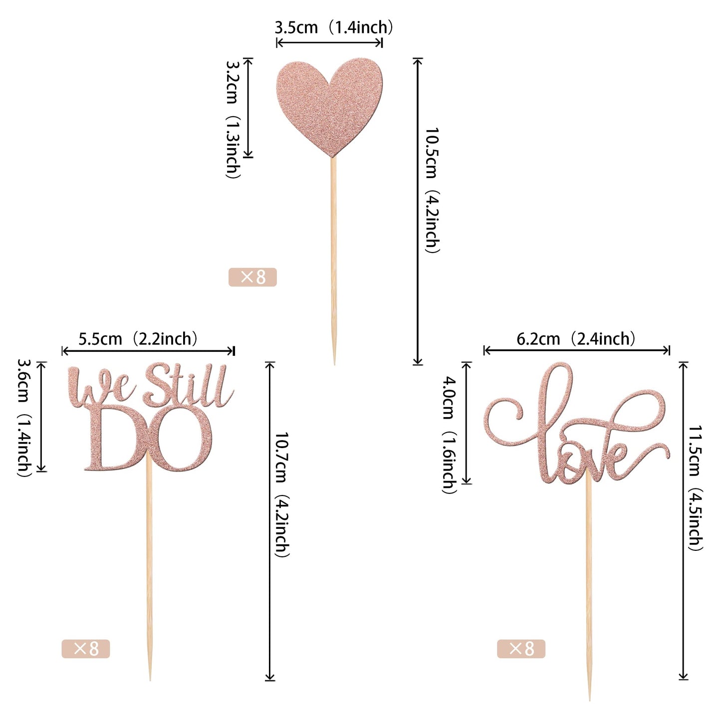 YCTHUNFISH Cupcake Toppers - 24 Pack Glitter Love Heart - Rose Gold Paper Decorations for Weddings, Anniversaries, and Birthdays