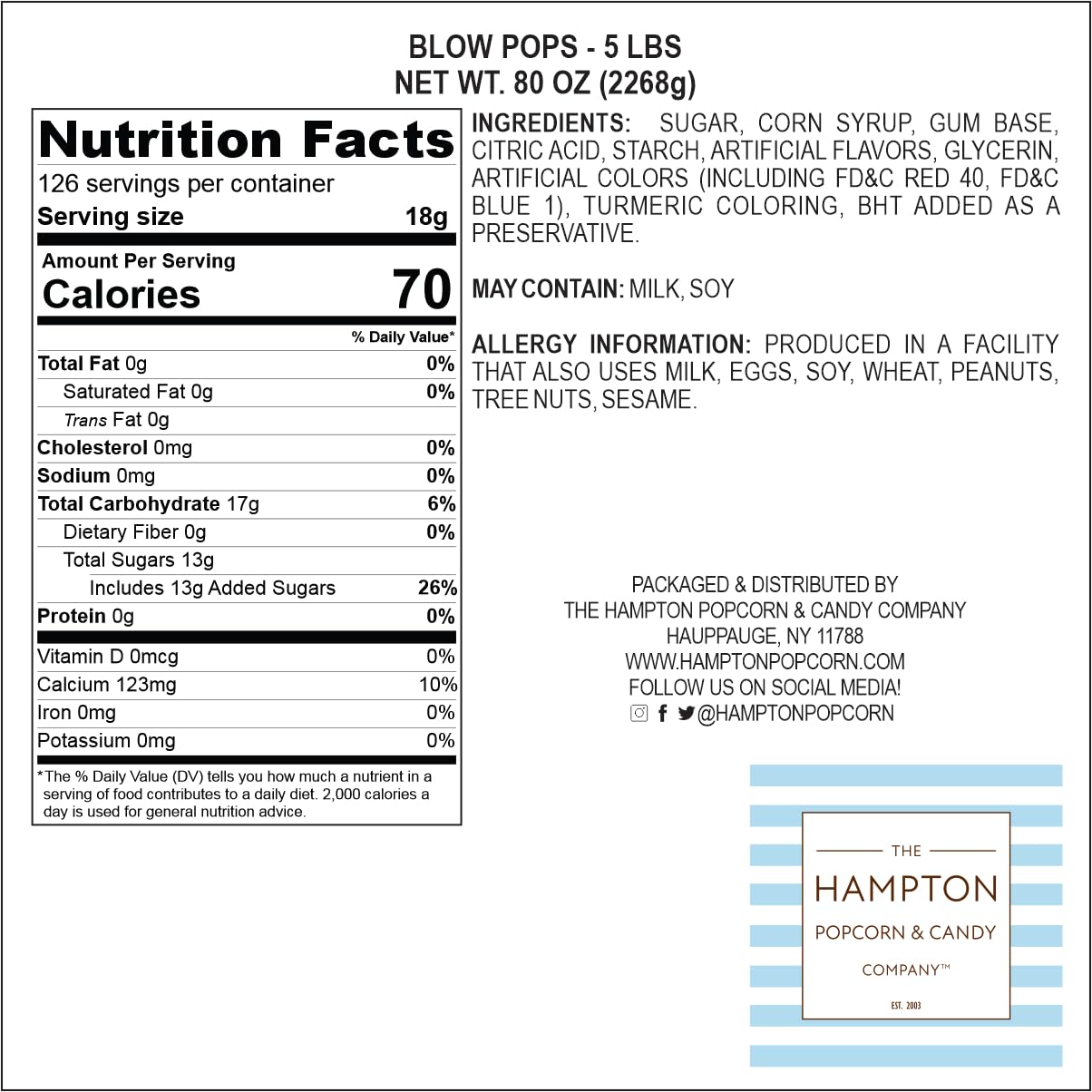 The Hampton Popcorn Company Charms Blow Pops, Assorted Fruit Flavored, 5lb Bulk Bag, Individually Wrapped Lollipops