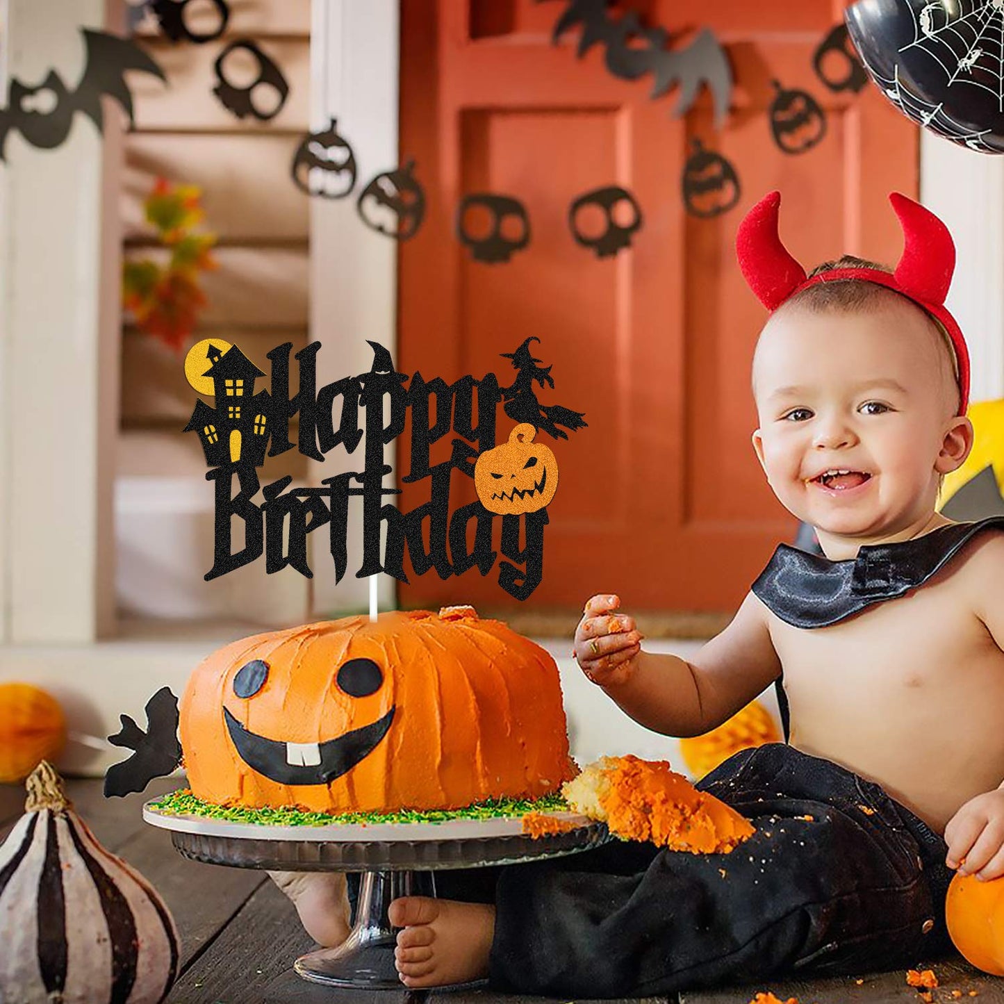YOYMARR Halloween Cake Topper for Wizard Ghost Pumpkin Theme, Black Sparkle Decor, 7.3 x 4.75, Ideal for Birthday Party Supplies