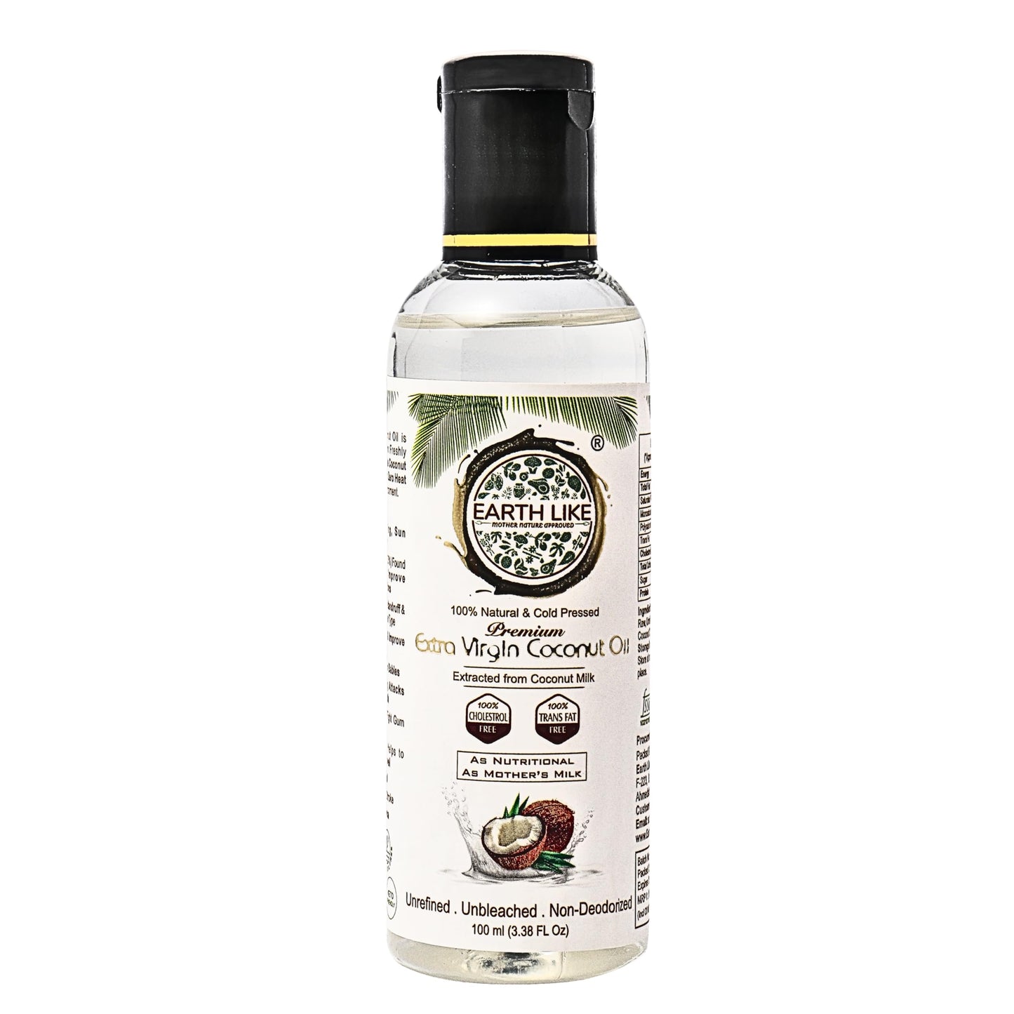 Earth Like Extra Virgin Coconut Oil (100Ml) - Cold Pressed, Coconut Oil For Skin Care, Hair Growth, Baby Massage & Cooking | Enr
