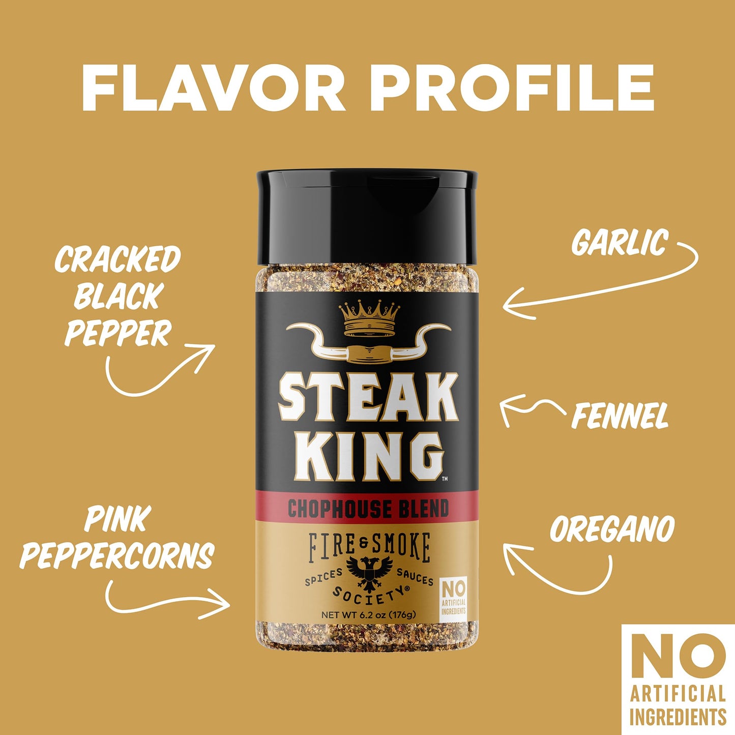 Fire & Smoke Society Steak King Seasoning | BBQ Rub | 6.2 oz | Ideal for Steak, Lamb, and Burgers | Black Pepper, Fennel, Oregano