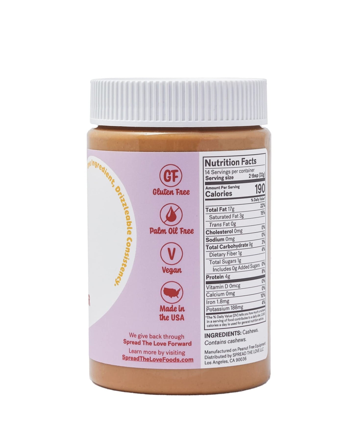 Spread The Love Basic Cashew Butter, 16 Ounce (All Natural, Vegan, Gluten-Free, Creamy, No Added Salt, No Added Sugar, No Palm F