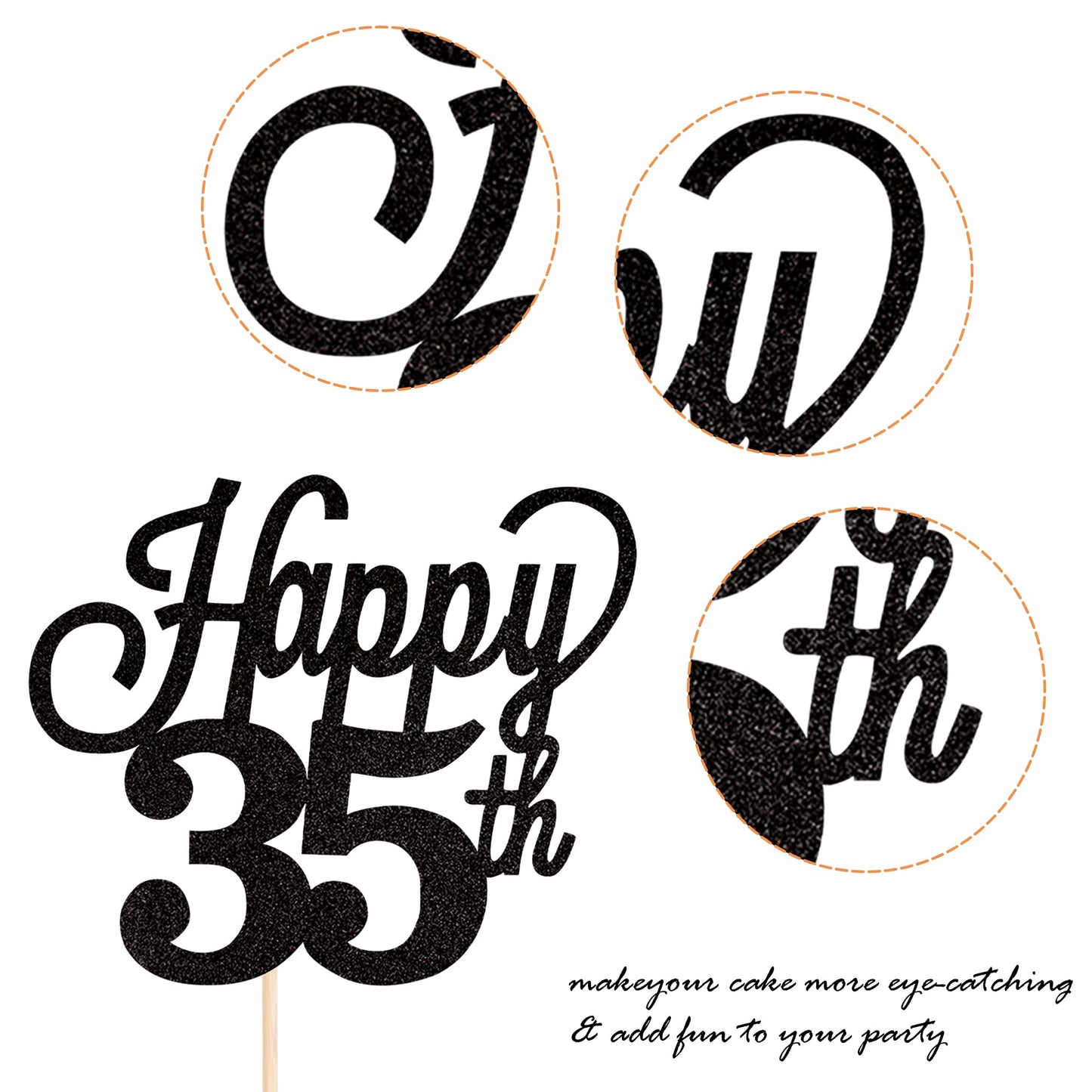 YCTHUNFISH 35th Birthday Cake Topper Black Glitter Bamboo Decoration for 35 Years Old Party Supplies
