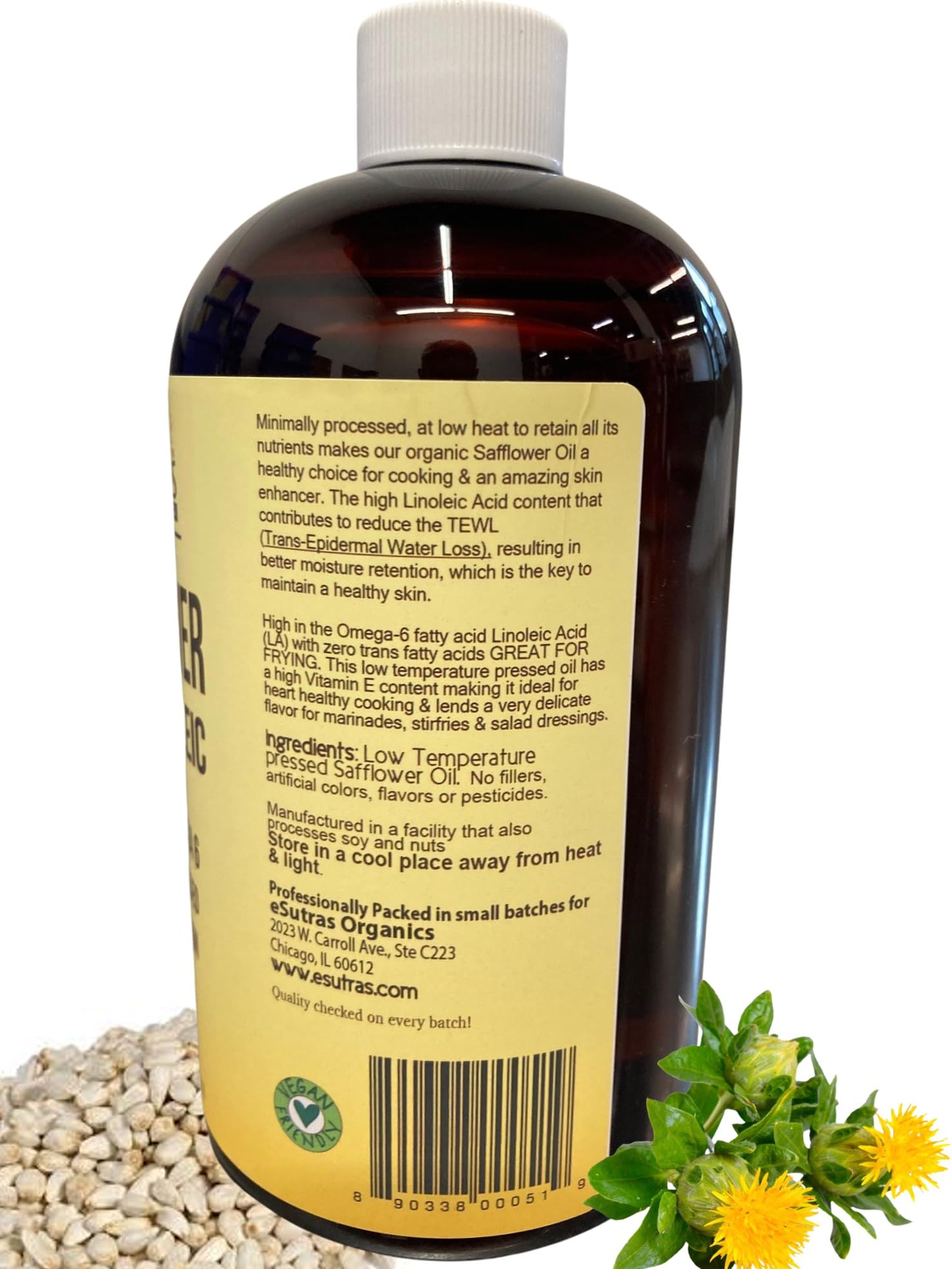 eSutras Organics Linoleic Safflower Oil - Cold Pressed, Moisturizing Non-GMO Oil For Hair, Body & Skin Care(16 oz)