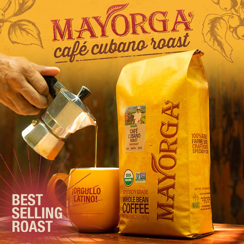 Mayorga Dark Roast Coffee 12oz Cubano Roast Coffee Bag 100% Arabica Whole Coffee Beans - Smoothest Organic Coffee - Specialty Gr