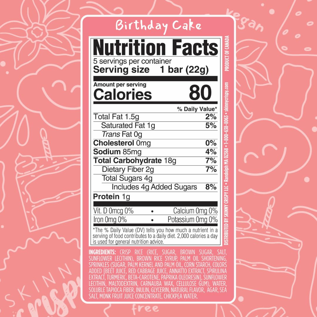 Skinny Crispy Birthday Cake Rice Treats - Low Sugar (4G), Vegan, Gluten-Free, Dairy-Free, Non-Gmo, Top 9 Allergen-Free, Healthy