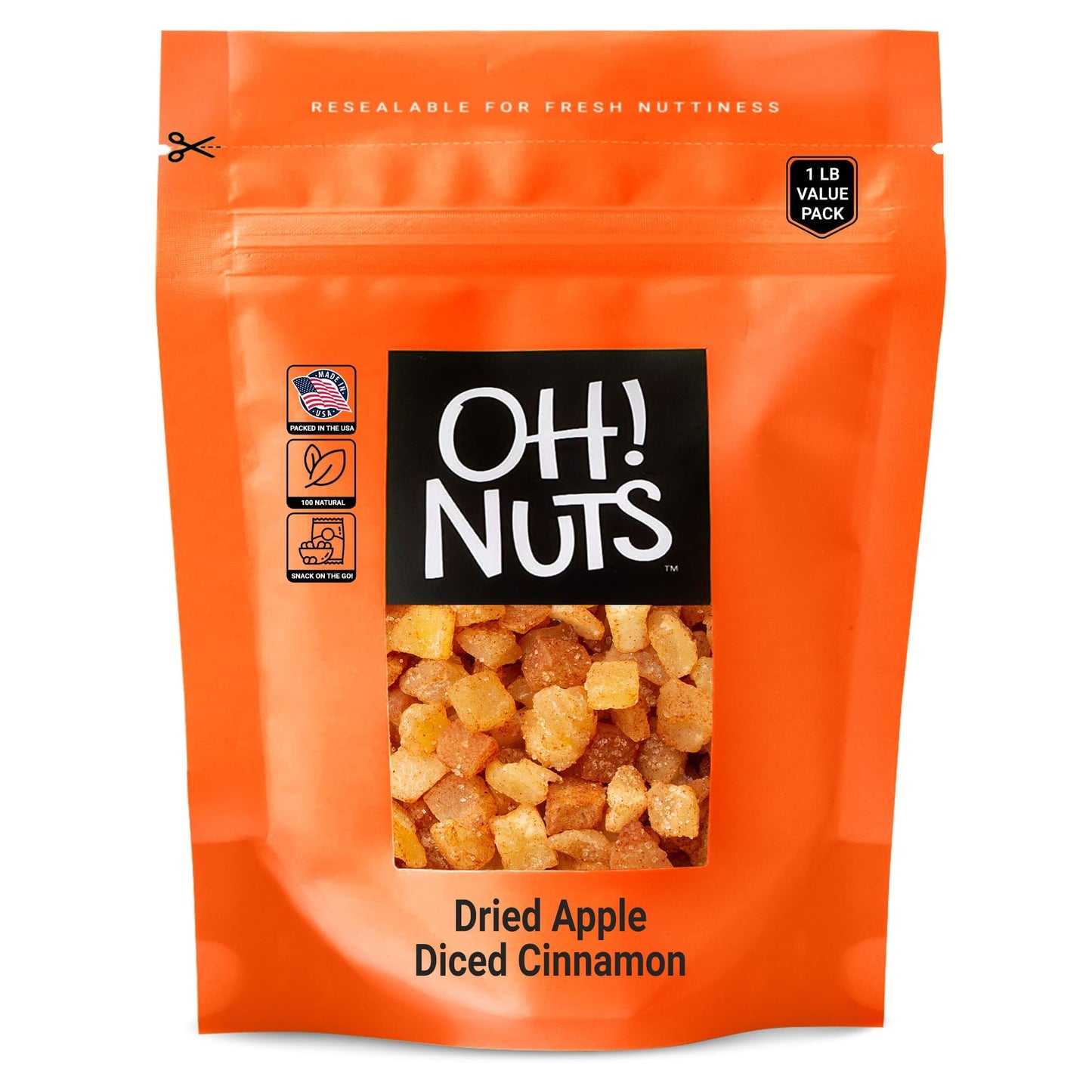 Oh! Nuts Dried Cinnamon Apple - 1 Lb - Sweetened Dried Fruit Diced - Dehydrated Fruit Bites - Packed In New York Zip-Seal Bag For Exceptional Freshness