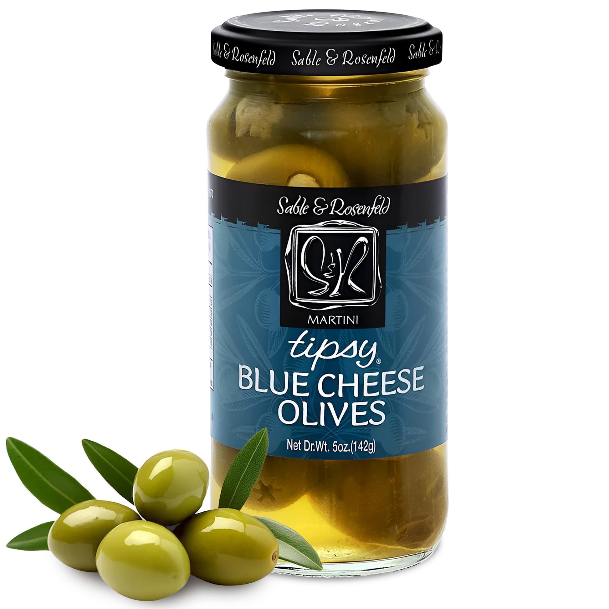 Tipsy Olives - Green Olives Stuffed With Blue Cheese - Large Cocktail Olives For Cocktails, Bloody Mary Condiments, Martini Stuffed Olives, Olive Bar - Sable & Rosenfeld - 5 Oz (Pack 1)