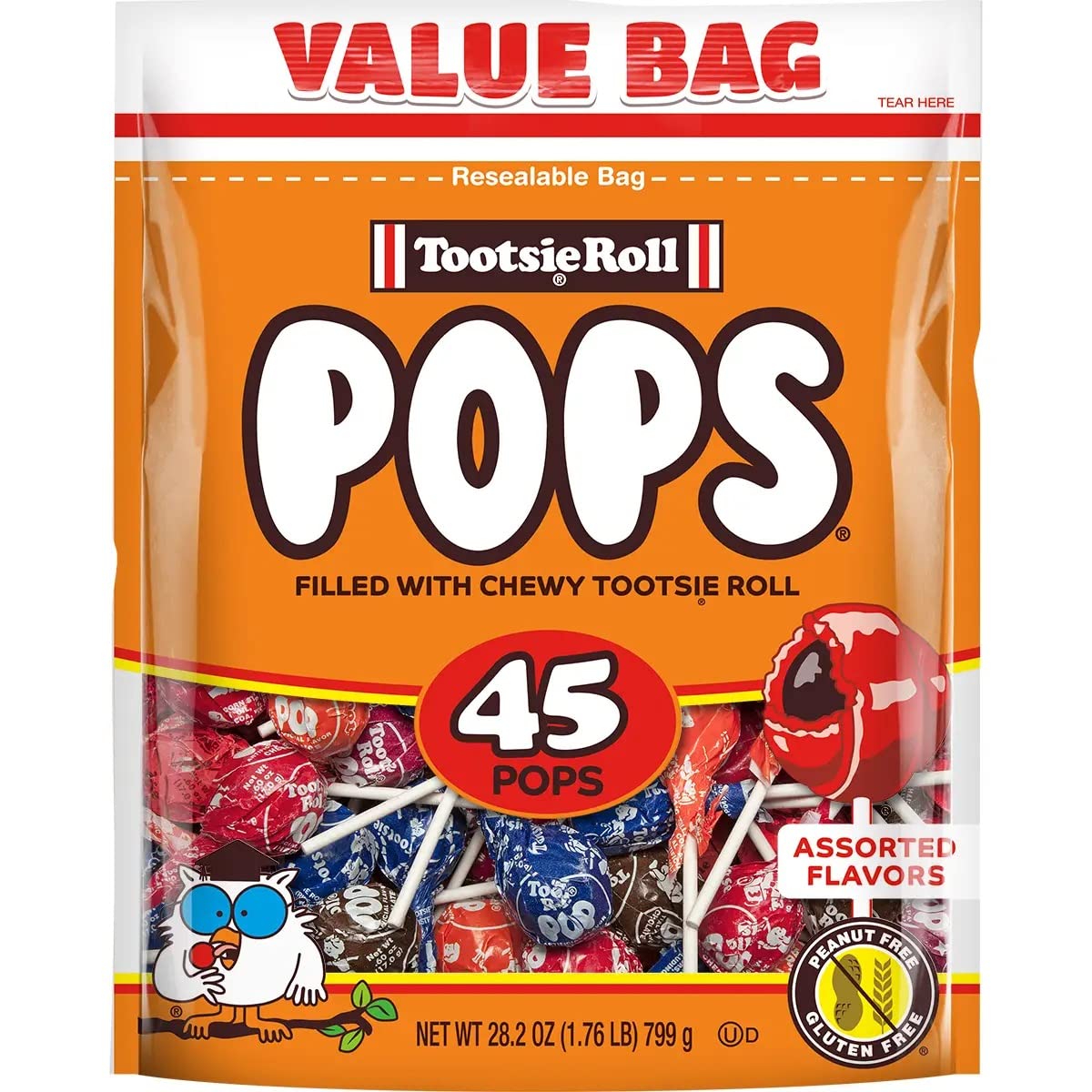 Tootsie Pops - Assorted Flavors - 45 ct bag 28.2 oz - Great Halloween Candy - Cherry, Orange, Strawberry, Grape, and Chocolate F