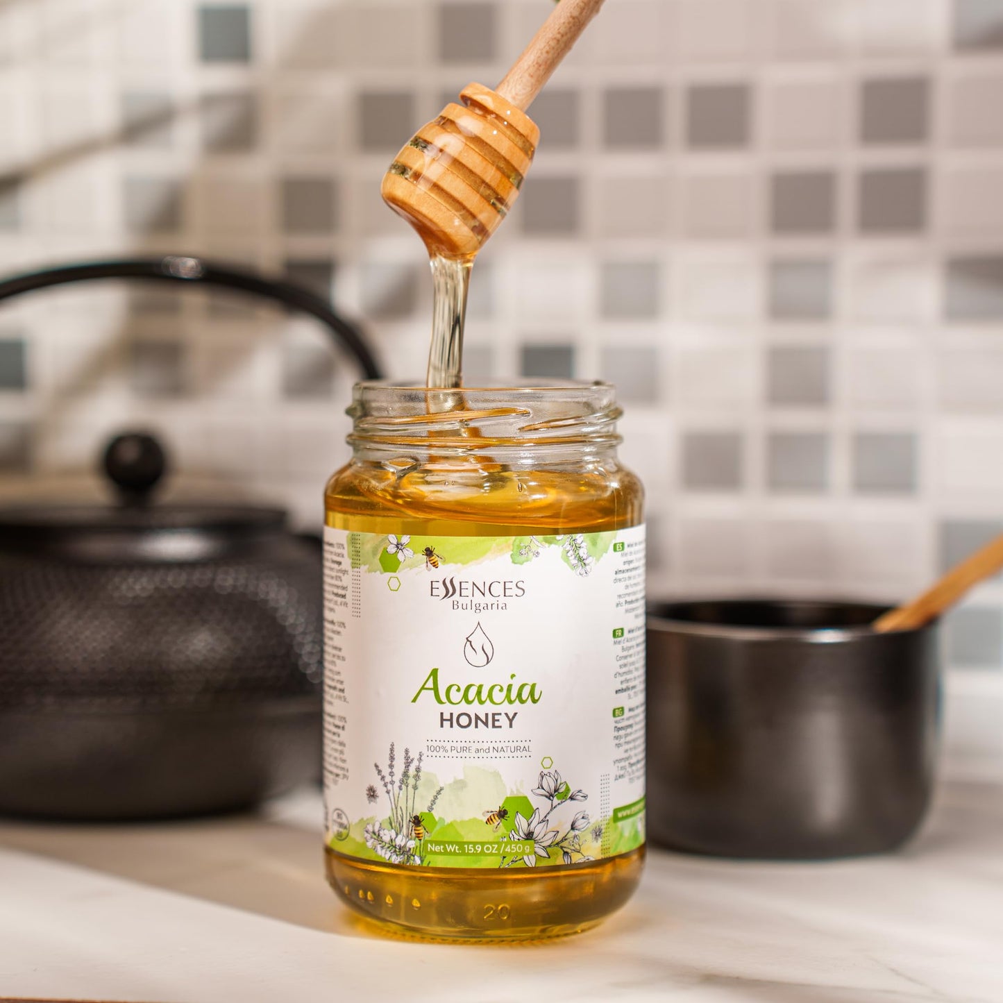 Essences Bulgaria Raw Acacia Honey 15.9 Oz | 450Gr | Amazing Taste | 100% Pure And Natural | Without Additives | Raw Bee Honey |