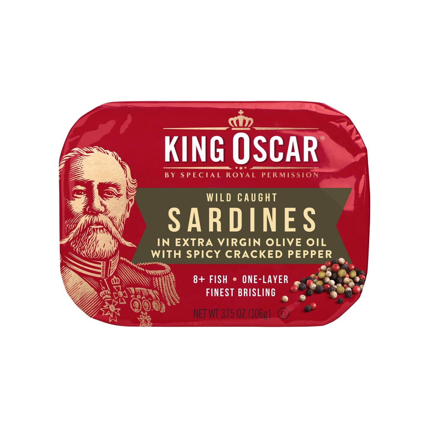 King Oscar Sardines in Extra Virgin Olive Oil with Spicy Cracked Pepper, 3.75 oz Can, Wild Caught, Model 3480000655