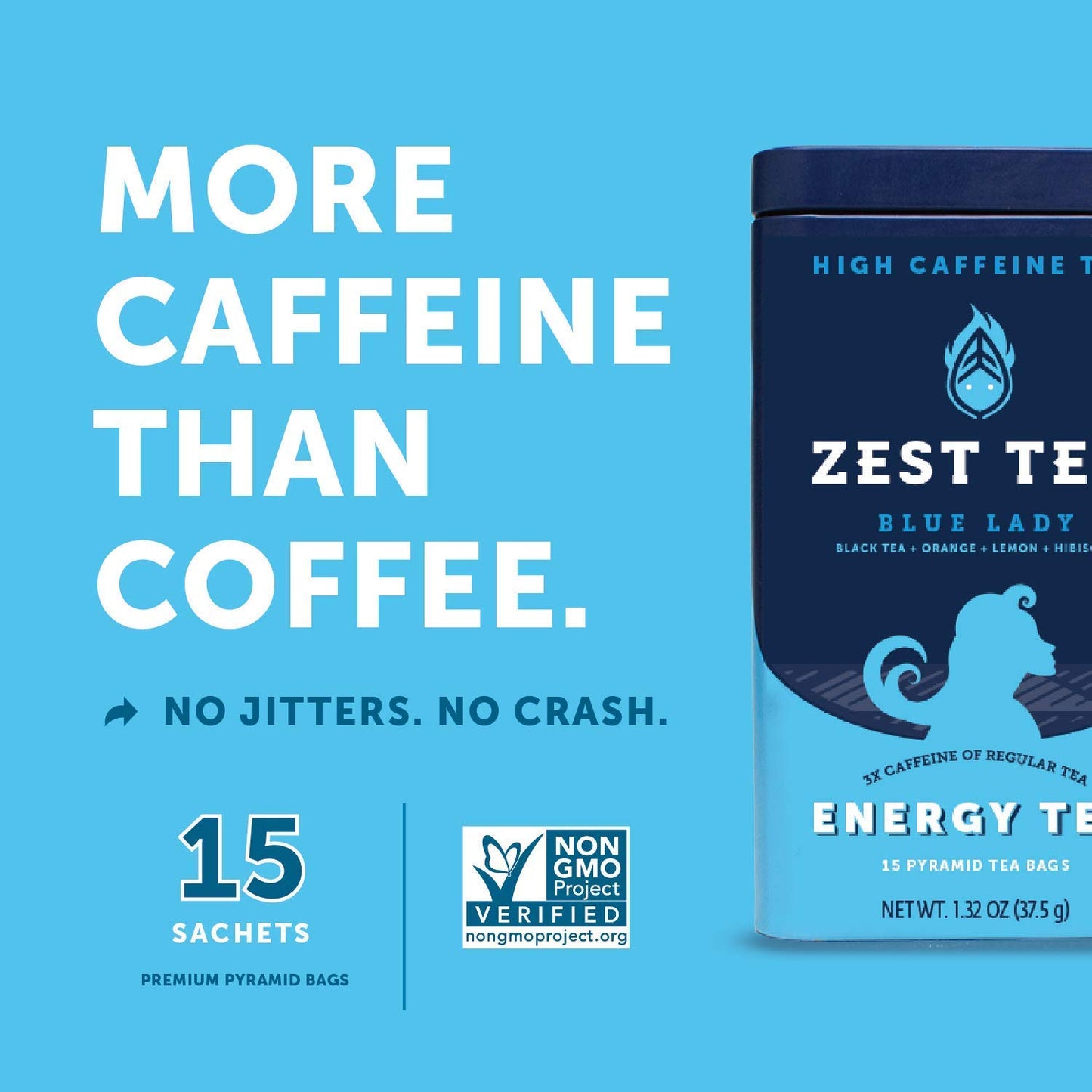 Zest Energy Tea Bags - Blue Lady Passion Fruit Black Tea - High Caffeine - 15 Count - Non-GMO & Keto Friendly