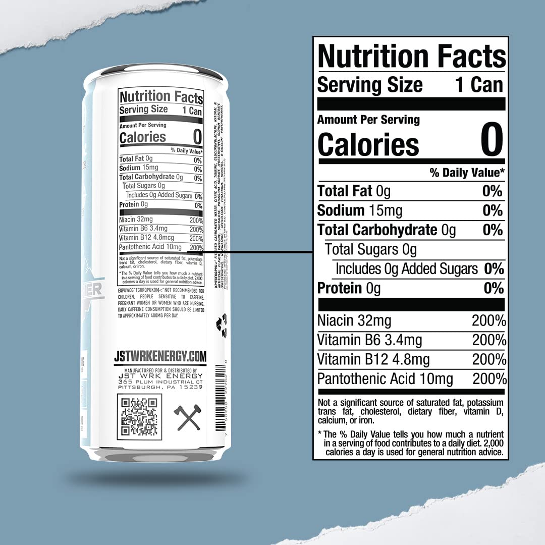 Jst Wrk Energy Drink - 12-Pack, Sugar-Free, Zero Calories, No Sugar  S, 12 Fl Oz., 200 Milligrams Caffeine (Glacier)