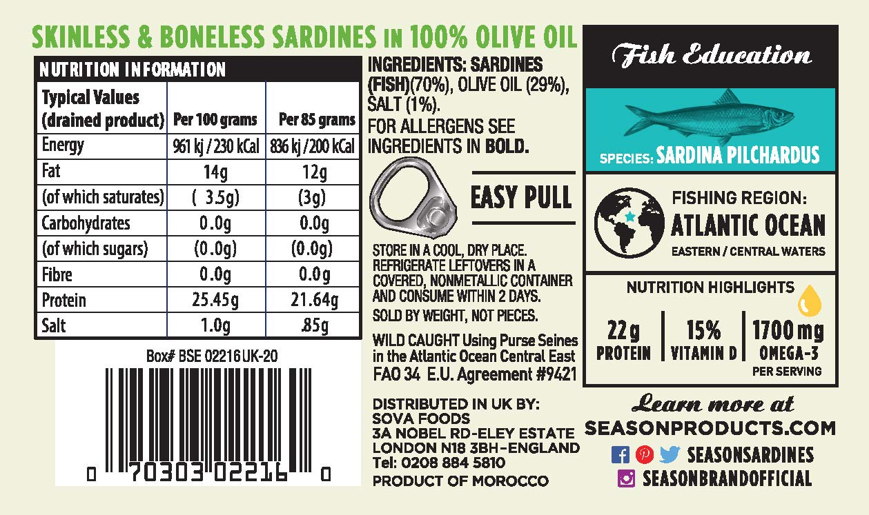 Season Sardines In Olive Oil - Sardines In Olive Oil Wild Caught, Canned Sardines, Omega-3 Fatty Acids, Salt Added, Skinless & Boneless, Sustainable Fresh Fish - 4.375 Oz Tin, 12-Pack