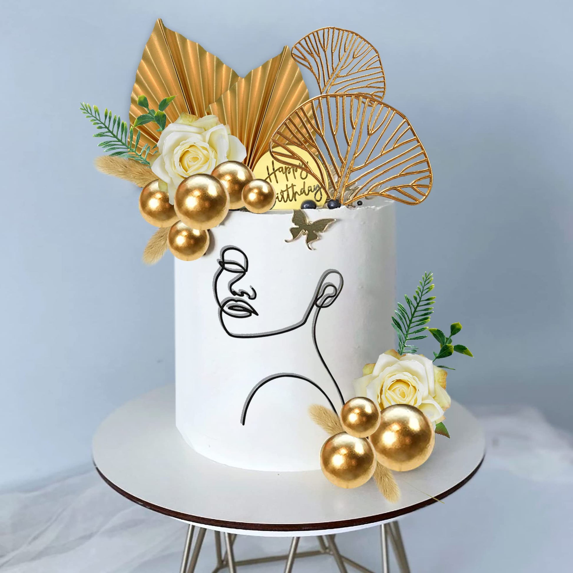 DRWATE 20 PCS Cake Toppers Set, Abstract Lady Face Lines & Ginkgo Leaves, Acrylic, Gold, Multicolor, Model GCMGL10023