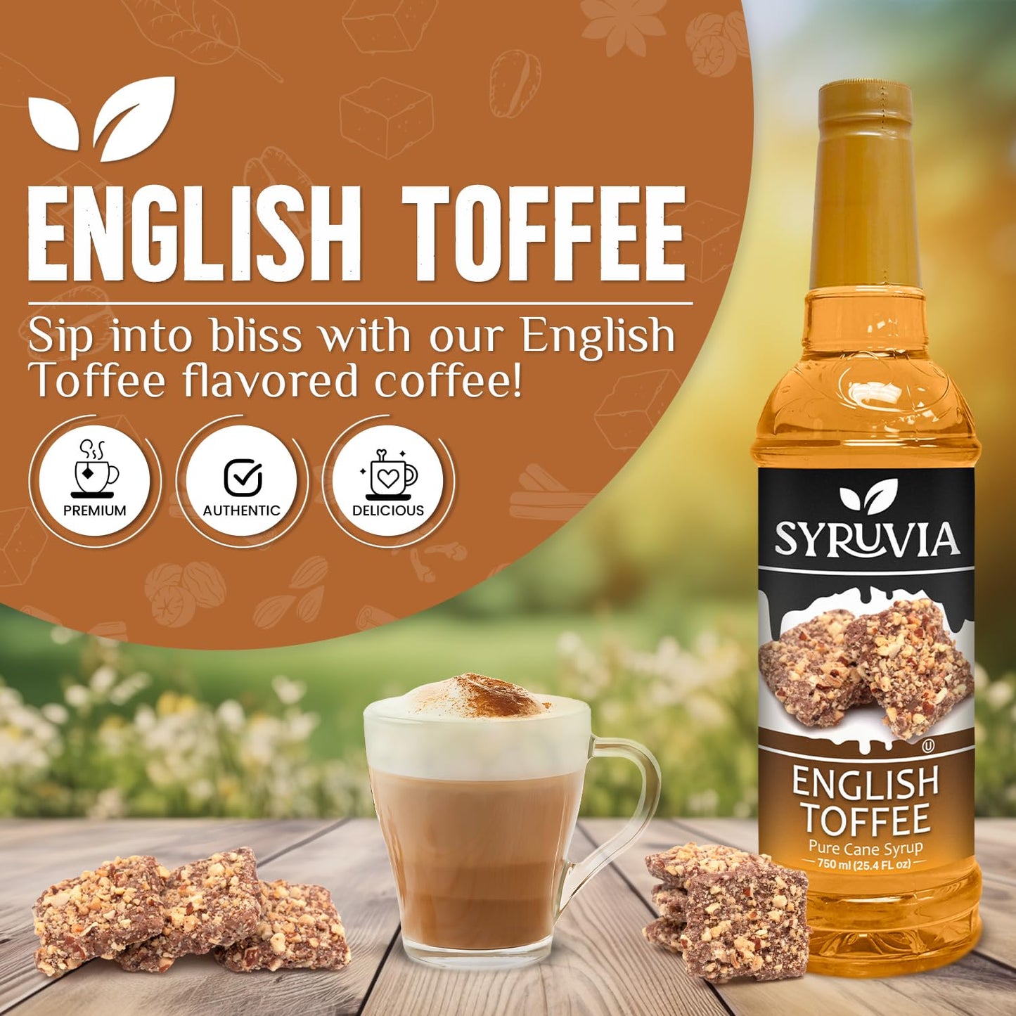 Syruvia English Toffee Coffee Syrup - 25.4 Fl Oz Premium Coffee Flavoring Syrup - Kosher Coffee Syrups, Gluten Free, No Coloring