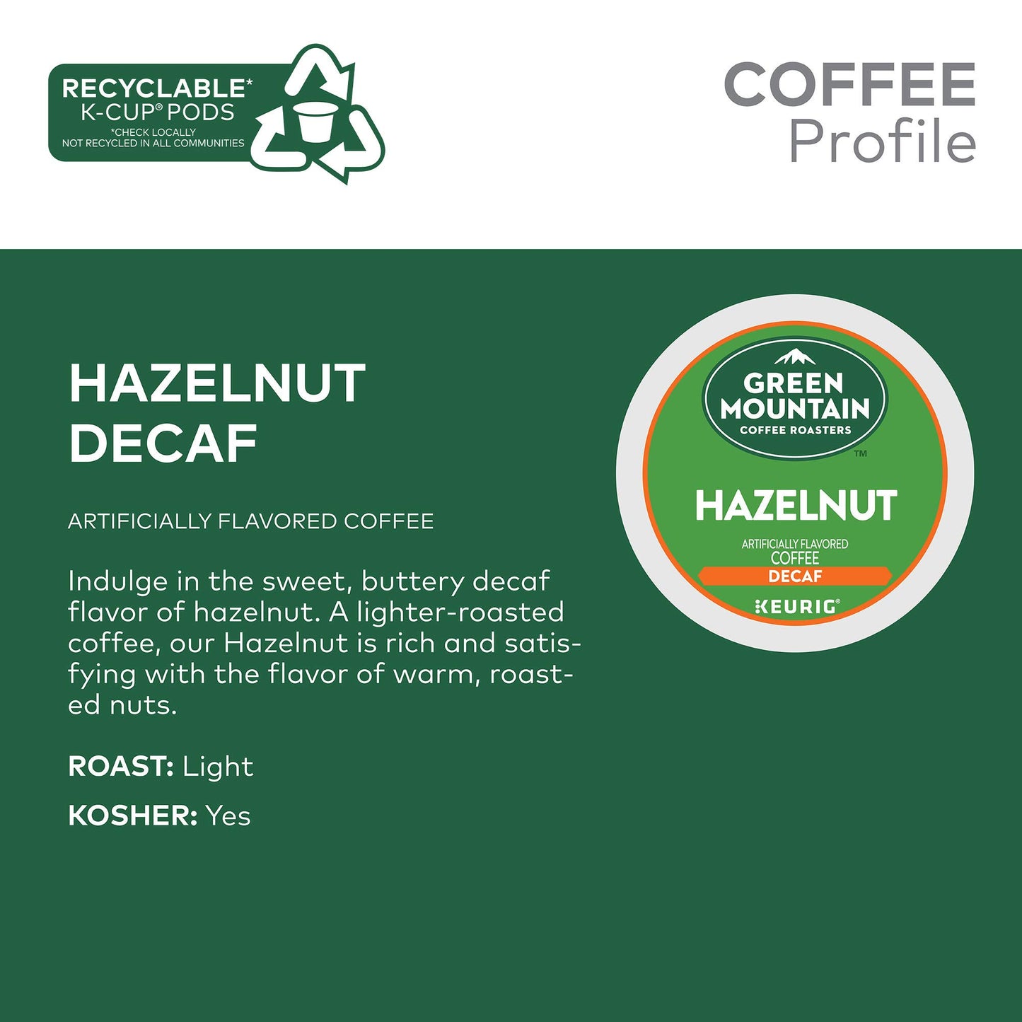 Green Mountain Coffee Roasters Hazelnut Decaf Coffee K-Cup Pods, Light Roast, 96 Count