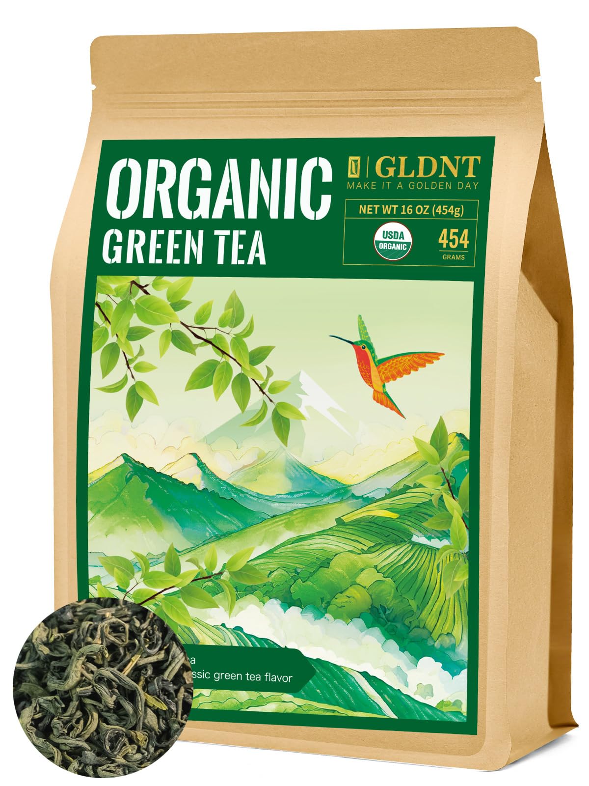 Gldnt Organic Green Tea  Loose Leaf  High Mountain  Smooth & Delicate Flavor  Caffeinated  16Oz