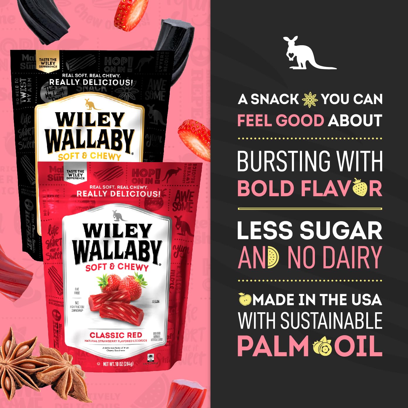 Wiley Wallaby Licorice 10 Ounce Variety Pack - Red And Black Classic Gourmet Soft & Chewy Australian Licorice Candy - Pack Of 6